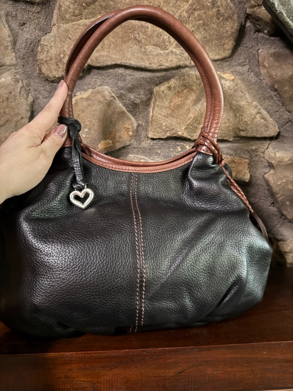 Brighton Black and Brown Leather Shoulder Bag with Braided Charm - Picture 2 of 5
